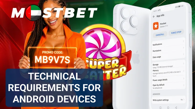 Smartphone showing Mostbet Android app requirements and compatibility settings