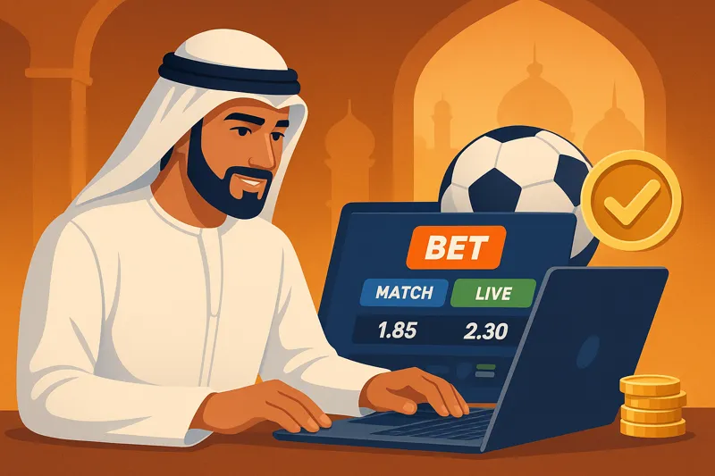 Horizontal Mostbet banner for UAE players showing an Emirati man in traditional attire placing a bet on a laptop, with a football, glowing checkmark, and gold coins, set against an Arabian-inspired backdrop.
