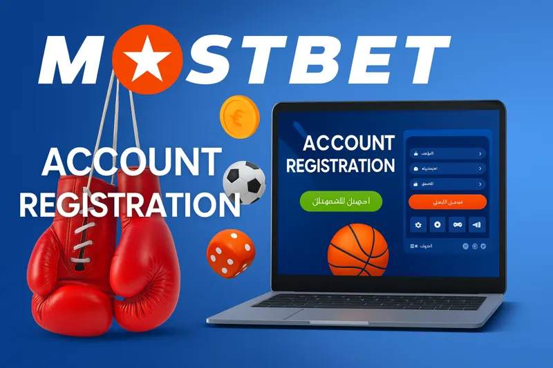 Modern Mostbet banner with logo on top, red boxing gloves, floating sports visuals (football, basketball, dice, coins), and a laptop screen showing the registration interface on a blue gradient background.