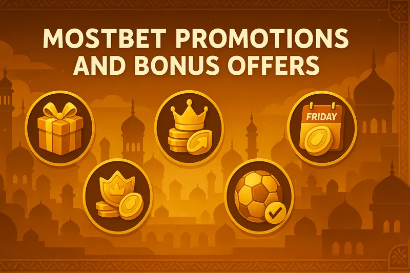 Horizontal Mostbet banner for UAE players featuring golden icons of a gift box, crown with coins, loyalty badge, football, and Friday calendar, set against an Arabian-inspired backdrop with domes and arches.