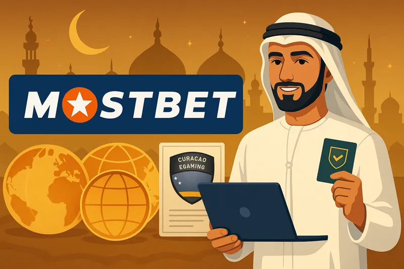 Horizontal Mostbet banner for UAE users showing an Emirati man in traditional attire with a laptop and passport, alongside golden globes, a Curacao eGaming license, and Islamic architecture in the background, symbolizing trust, global presence, and security.