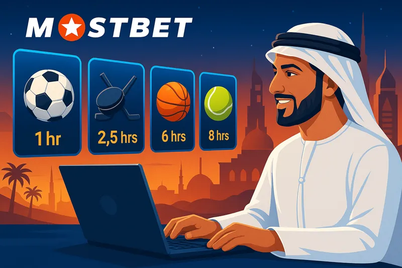 Horizontal Mostbet banner for UAE users showing an Emirati man in traditional attire using a laptop, with glowing icons of football, hockey, basketball, and tennis symbolizing upcoming betting events, set against a Dubai skyline at dusk.