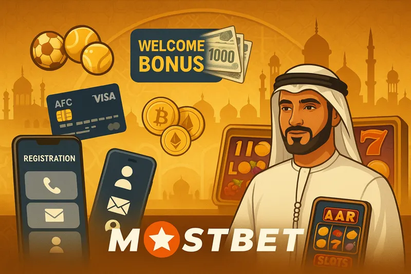 Horizontal Mostbet banner for UAE players showing an Emirati man in traditional attire, golden footballs for betting, glowing coins and crypto symbols for payments, a smartphone screen for easy registration, and slot machines for online casino entertainment, all set against an Arabian-inspired backdrop.