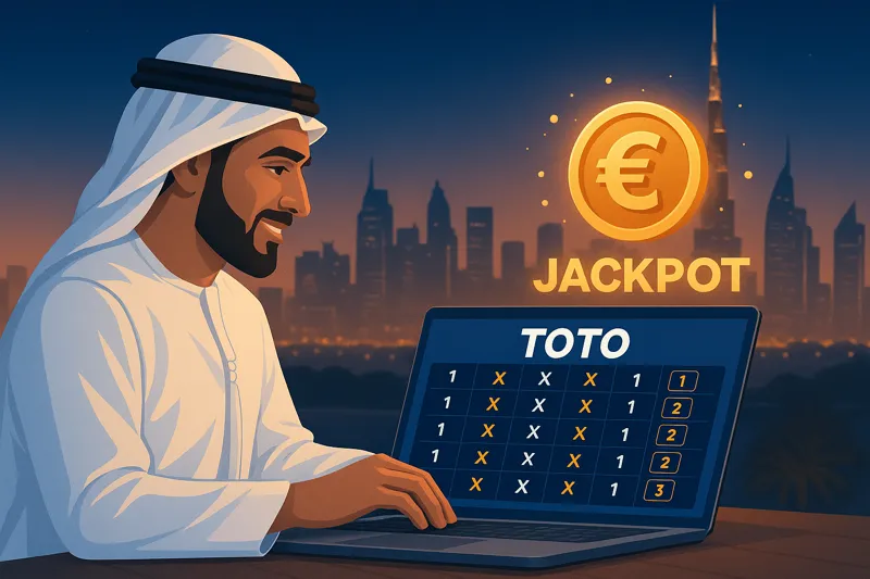 Horizontal Mostbet banner for UAE players showing an Emirati man in traditional attire using a laptop with a TOTO betting slip, a glowing jackpot coin symbol, and the Dubai skyline in the background at dusk.