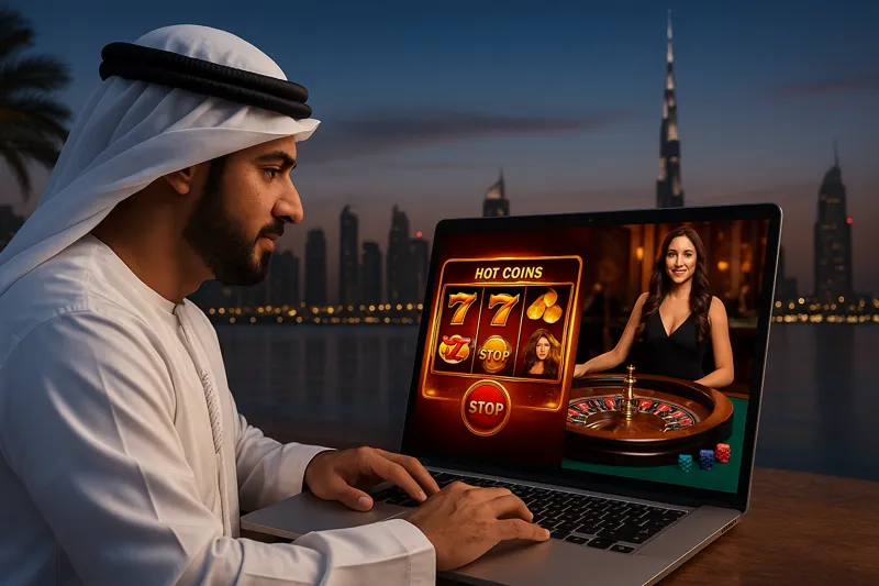 Horizontal Mostbet banner for UAE users showing an Emirati man in traditional attire using a laptop with both a glowing slot machine (sevens and fruit symbols) and a live dealer roulette table, set against the Dubai skyline at dusk.