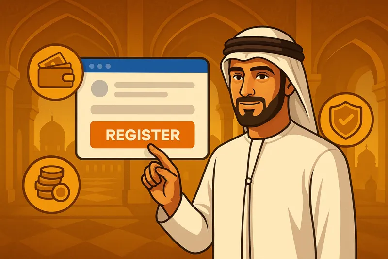 Horizontal Mostbet banner for UAE users showing an Emirati man in traditional attire pointing to a glowing registration window, surrounded by icons of a wallet, stacked coins, and a shield symbol for security, set against an Arabian-inspired golden backdrop.