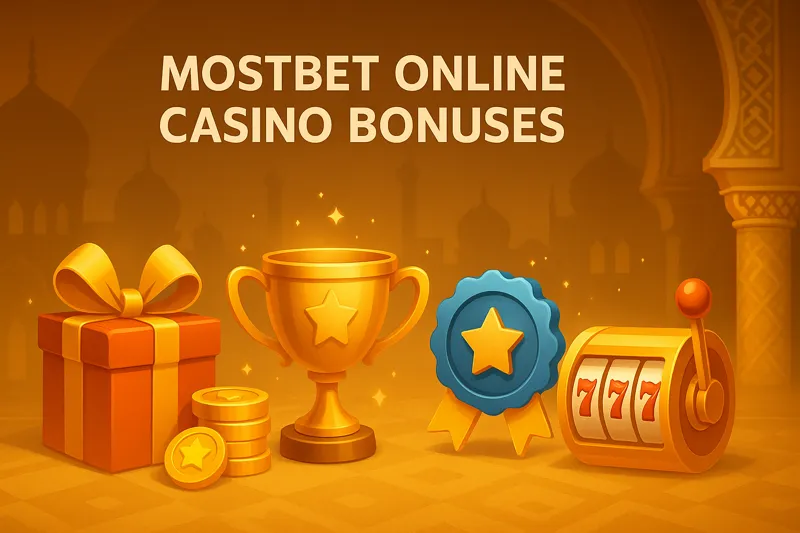 Horizontal Mostbet banner for UAE users with golden casino-themed visuals, including a glowing gift box, stacked coins, a trophy cup, a loyalty medal, and a slot machine, all set against an Arabian-inspired background with arches and domes.