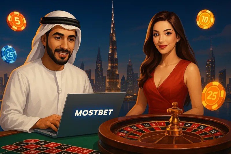 Horizontal Mostbet banner for UAE players showing a stylized live casino scene with a roulette wheel, glowing poker chips, and digital casino elements, set against a Dubai skyline at night with golden accents.